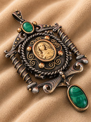 Antique Gold Silver Religious Pendant Virgin Mary Malachite Large Rare