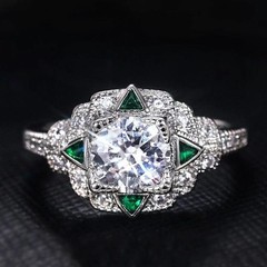 Art Deco Round Lab Created Diamond & Emerald Wedding 14K White Gold Finish Ring