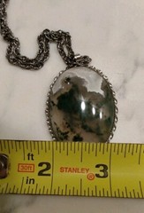Vtg 1970s Oval Pendant Cabochon Necklace Grey Green Clear Agate? Large Groovy