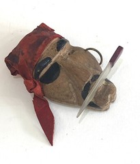 Vintage Wood Leather & Lucite Pirate Head Pin