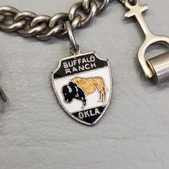 Vintage Enco Charm Bracelet 9 Dangles Buffalo Ranch Shield Silver Tone 7″