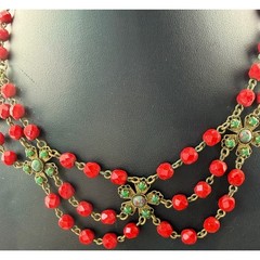 Vintage Freirich Necklace Triple Scalloped Red Faceted Glass Beads Green Flowers
