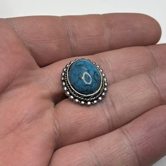 Vintage Oval Stone Turquoise Silver Tone Adjustable Size Engraved Ring 1” +