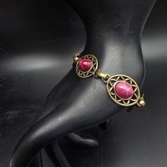 Red Pink Faux Star Ruby Bracelet Brass Filigree Links Vintage Costume Jewelry