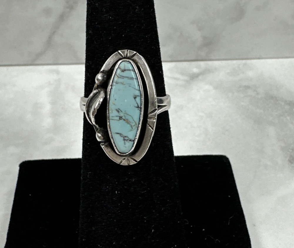Signed Sterling Silver Turquoise Ring in Elongated Oval Setting – Size 6.25