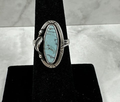 Signed Sterling Silver Turquoise Ring in Elongated Oval Setting – Size 6.25