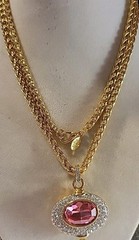 Vintage Signed NOLAN MILLER 30in Goddess Necklace Goldtone Clear Pink And Green