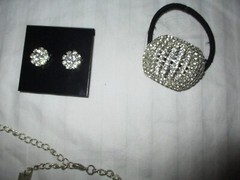 4 pieces Rhinestone choker necklace matching new pierced earrings hair tie