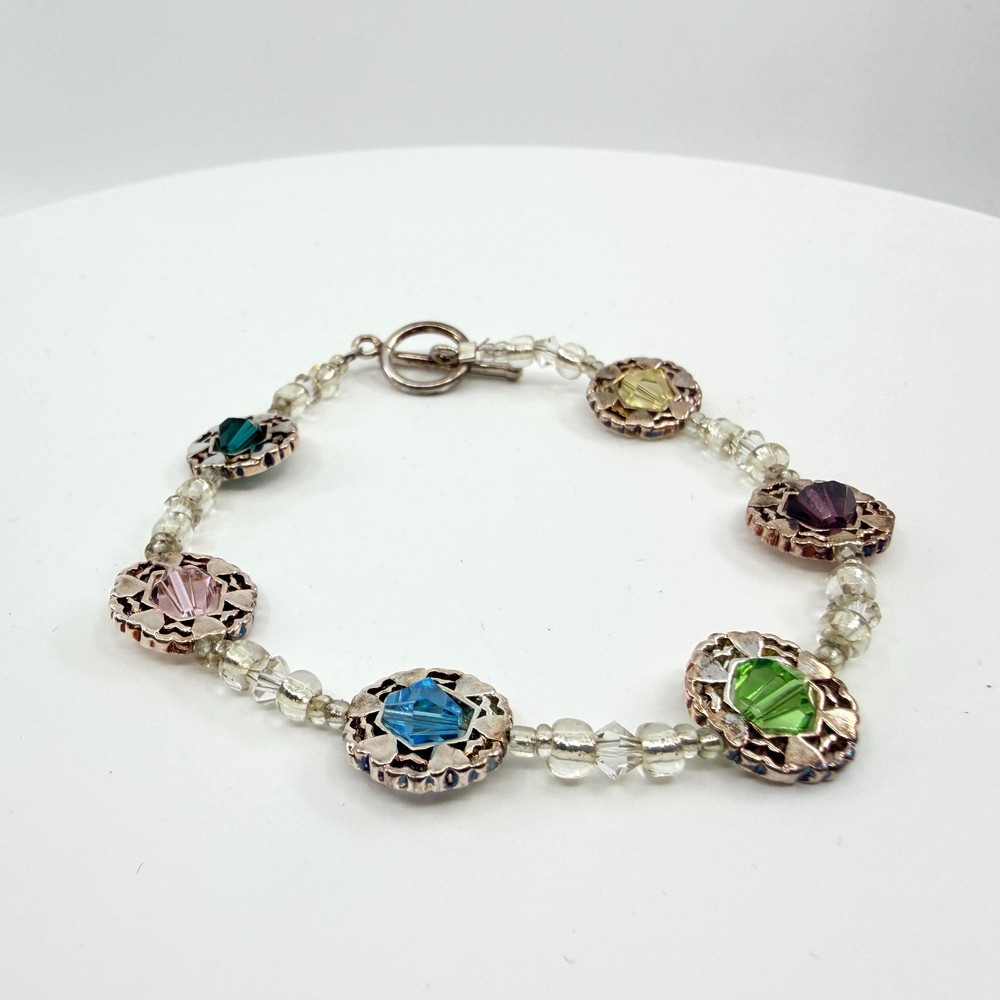Multicolor Crystal Beaded Bracelet Silver Tone Boho Layering Statement Jewelry