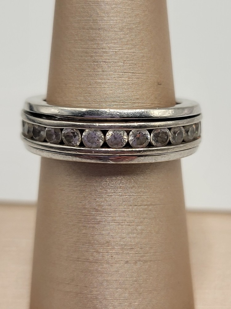 925 Sterling Silver Spinner Band Ring Colorless CZ Stones Wedding Stackable Sz 7