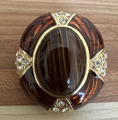 Vintage Brooch Pin 1.75 Inch Brown Marbled Art Glass Clear Rhinestones Gold
