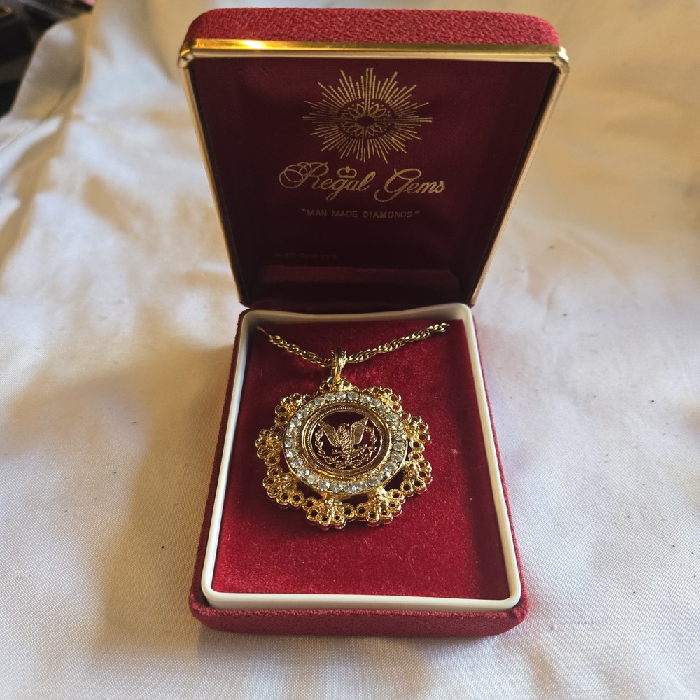 Vtg Regal Gems Man Made Diamond Halo Eagle Pendant Necklace Patriotic NOS