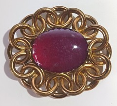 Large Vintage Brooch: Mottled Red-Purple Glass Stone in Interlocked Brass Rings