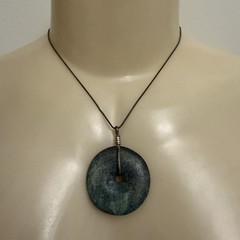 Vintage AGI Snake Chain Necklace Natural Green Gemstone Bi Disc Donut Pendant 16