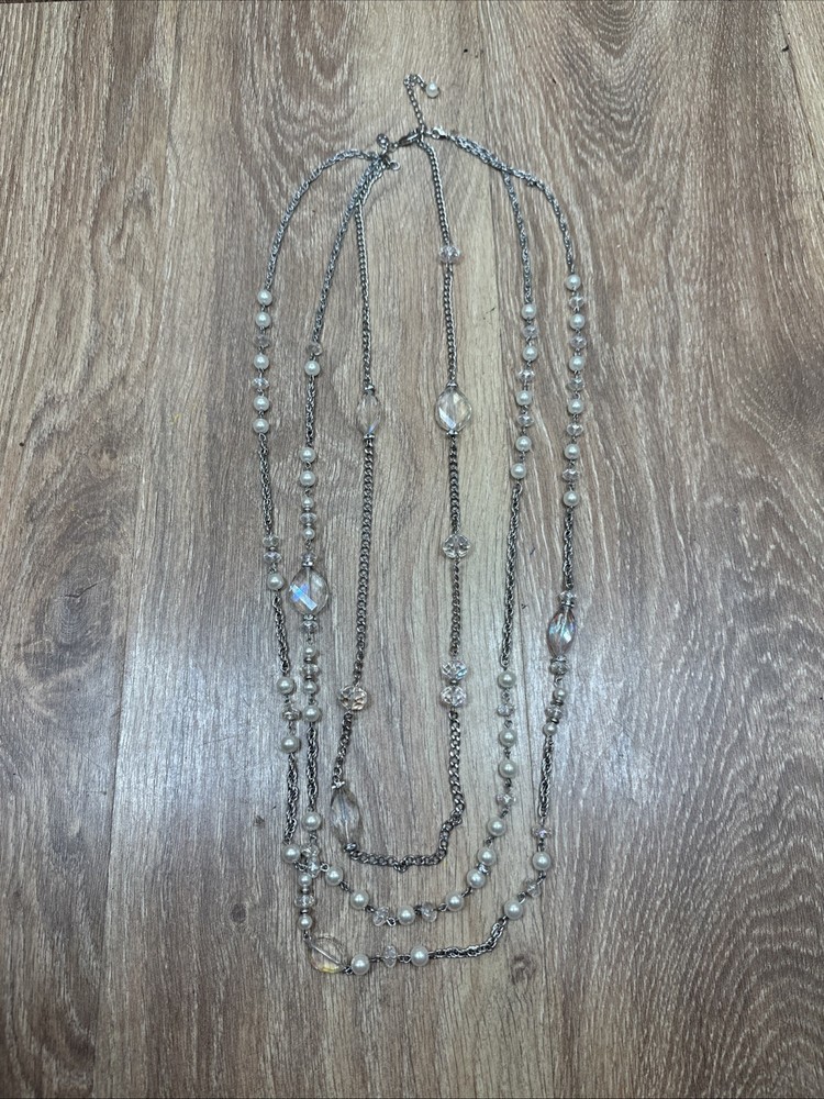 Clear Bead And Pearl Like 3 Layer Silver Like Necklace 19”
