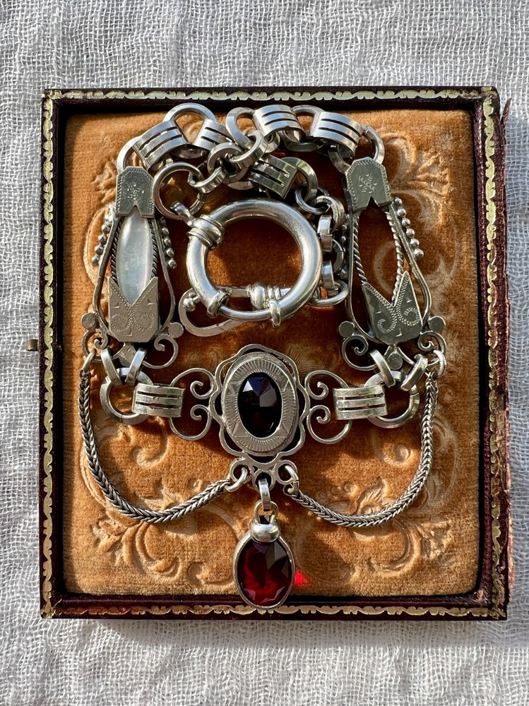 German Jugendstil Albertina Watch Chain Red Glass Drop Clover Mark c.1910-1925