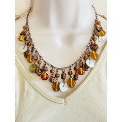 Earthy Collar necklace VTG Art Glass Beaded Mother Of Pearl Copper Mod Statement