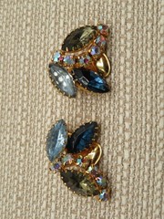 Vintage Blue Gray Rhinestone AB Accent Clip On Earrings