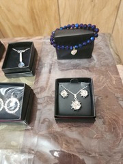 New AVON Pierced Earrings, Necklaces Bracelet w/ Heart Rhinestone Charm Lot Of 9