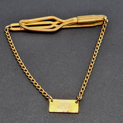 Retro Brass Open Metal Slide Bar with Draping Chain Plaque Vtg Tie Clip Clasp