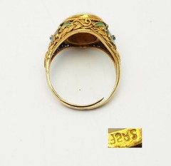 Vintage gilt silver enamel etched Bird motif adjustable open band ring China