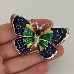Vintage Blue Green Yellow Enamel Butterfly Silver Tone Rhinestone Brooch Pin