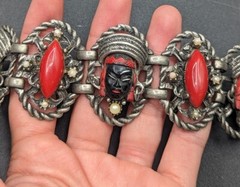 Selro Selini Unsigned African Princess Face Faux Pearl Statement Bracelet