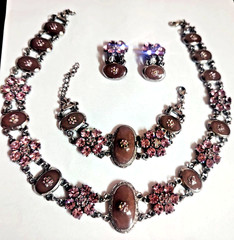 Antique Style Art Deco Silver Tone Filigree Pink/Purple Cabochon jewelry Set