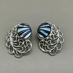 Sarah Coventry Vintage Carousel Earrings Blue Cabochon Silver Tone Filigree Clip
