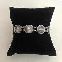 VTG Siam Sterling Silver 925 Niello Black Enamel Panel Bracelet 6.75″