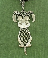 1960s Puppy Dog Articulated Moving Ears Eyes Tail Silver Tone Pendant Necklace