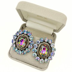Vintage Watermelon Iris Glass AB Crystal Halo Statement Clip On Earrings