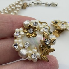 1950s Vintage Faux Pearl RHINESTONE Gold Filigree Bridal Set Earrings & Necklace