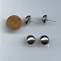 12 VINTAGE SILVER ROUND 11mm. SMOOTH DOMED STUD EARRINGS WITH DANGLE LOOP A953
