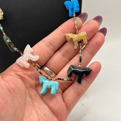 Vintage Carved 9 Horse Fetish Beaded Necklace 24″ Long Multi Stone Southwestern