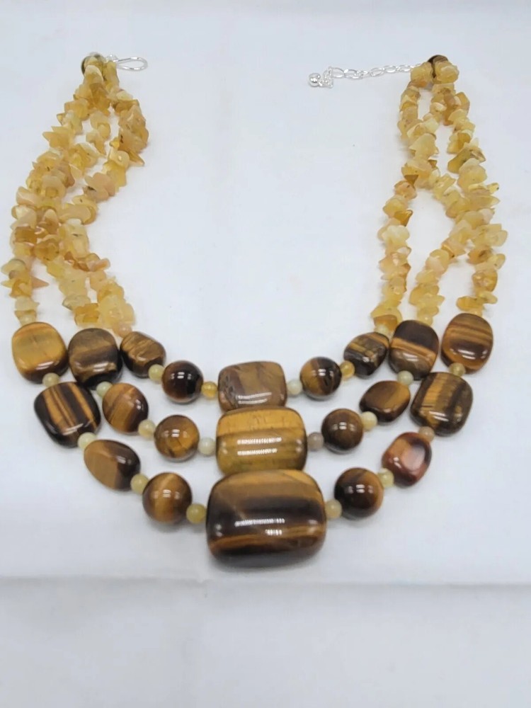 Jay King Tigers Eye Necklace 3 Strands Yellow Opal Nuggets Sterling Silver NIB