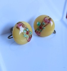 Vintage JAPAN Yellow ¾” Button CLIP Floral Glass Lampwork EARRINGS Screw Back