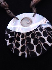 Vintage 1980’s UNIQUE handmade wood, leather, shell MOP length necklace