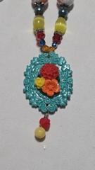 Vintage, Handmade Glass & Lucite Beaded Necklace w/ Floral Cameo Pendant (1058)