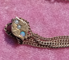 Antique Victorian 48″ Ladies Watch Chain W/ Jeweled opal seed pearl Slide