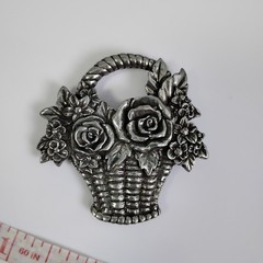 2″ Pewter Woven Flower Basket Pin Brooch Vintage 1988 Silvertone