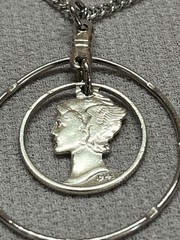 Stunning U.S. Silver Mercury Dime Art Carved Pendant w/24″ Chain