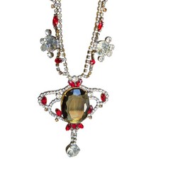 Vtg Signed Husar D Czech Glass Festoon Necklace Green Center Red Accent Stones