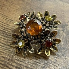 Vintage Austrian Rhinestone Brooch Autumn Orange Yellow Gold Tone Floral Pin