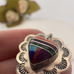 VINTAGE NAVAJO ~ SIGNED ~ OLD PAWN ~ STERLING SILVER INLAY POST EARRINGS 3 GRAMS