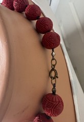 Vintage Chinese Cinnabar Carved Red Bead Necklace & Earrings Set