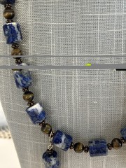 Lapis Lazuli & Tigers Eye Gems Necklace 20” Pierced Earrings 1 3/4” By 1/4”