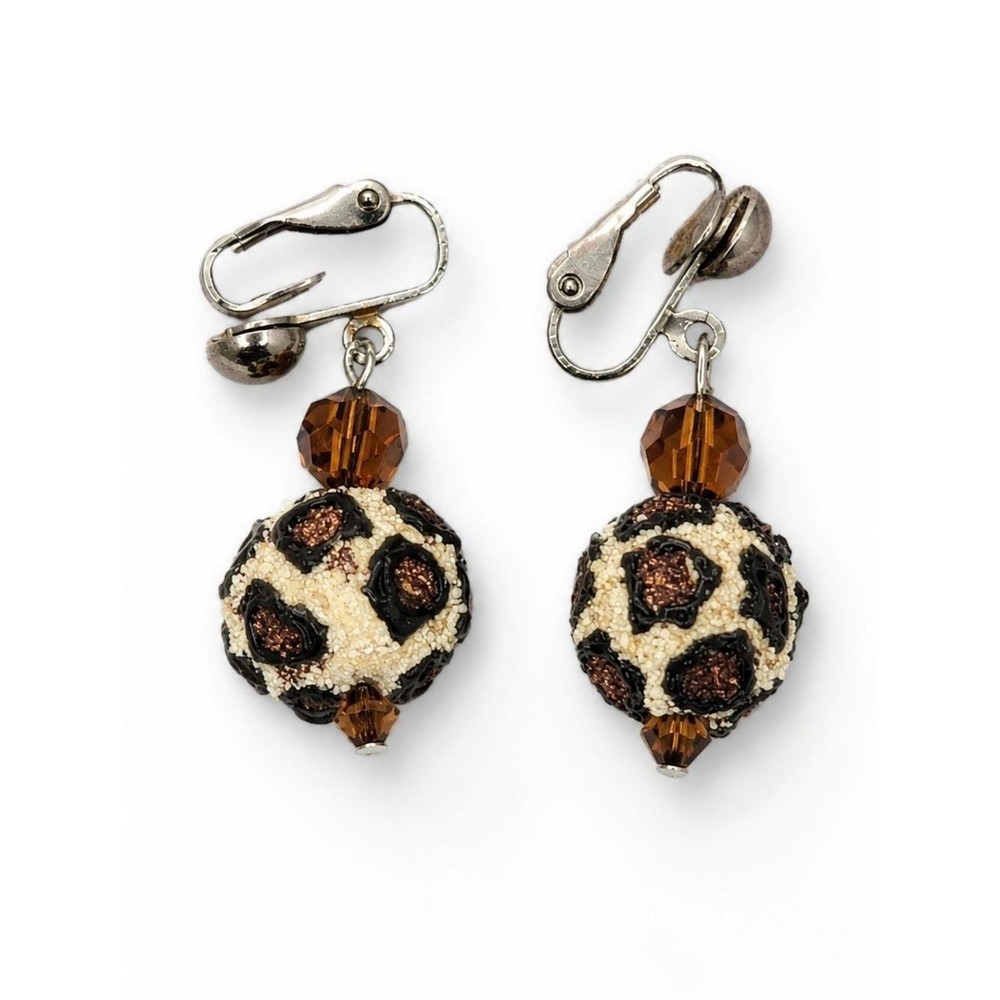 Vintage Leopard Print Clip On Earrings Brown Crystal Dangle Animal Print