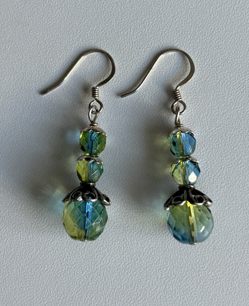 Vintage 925 Sterling Silver Blue Green Glass Bead Dangling Earrings 1.50” Ladies