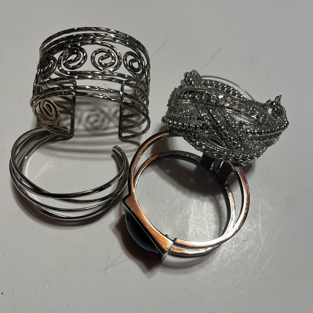 VTG Lot Of 4 Silver Tone Assorted Statement Cuff Bracelets